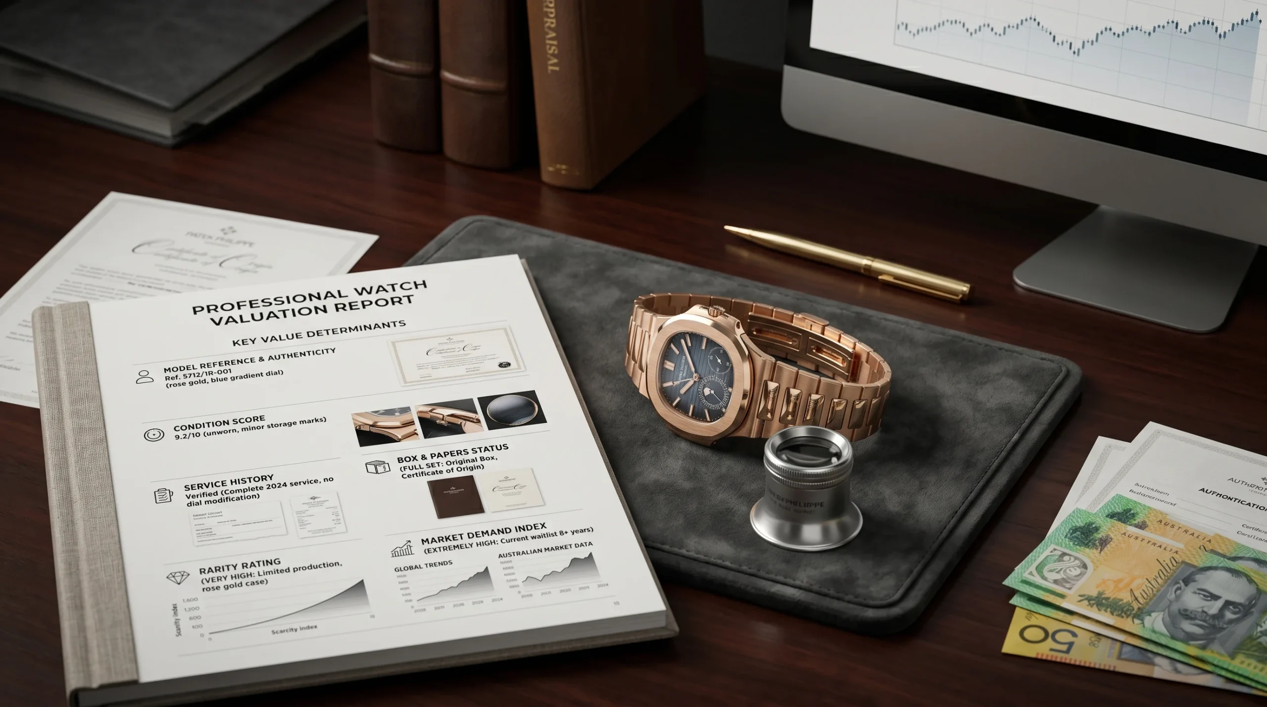 The watch is placed on a professional appraiser's desk beside a detailed valuation report