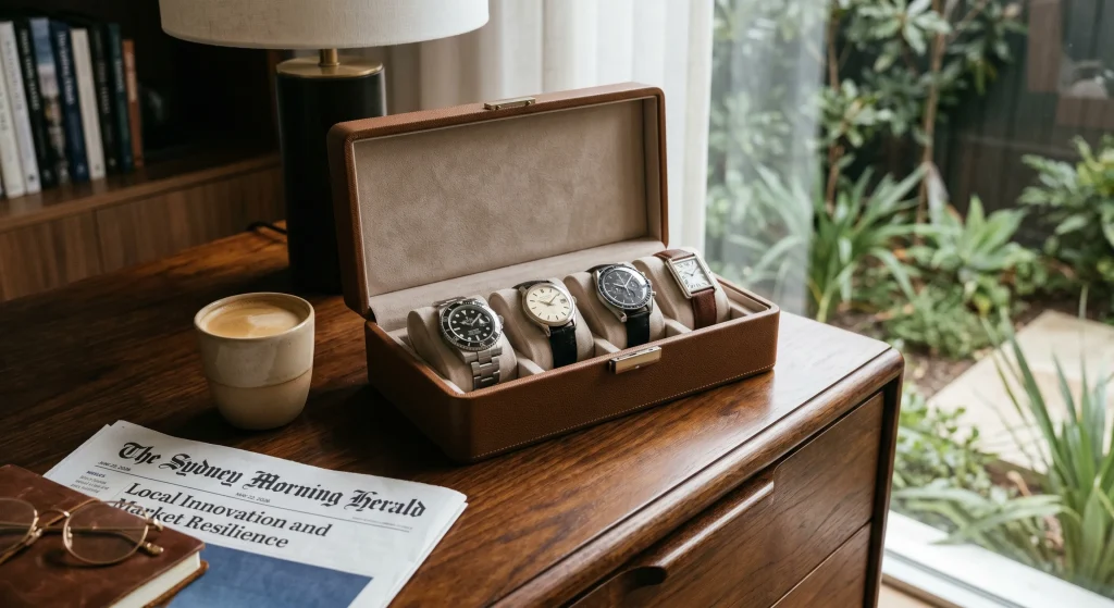 Watch box containing several luxury watches on a wooden dresser beside a cup of coffee and newspaper.